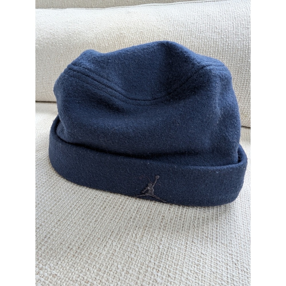 Vintage Nike Air Jordan Wool Blend Rolled Cuff Beanie Skull Cap Navy Blue Men L